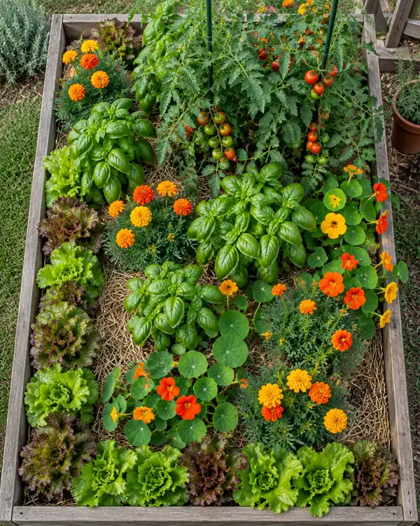A raised bed with tomatoes and basil, marigolds and nasturtiums in flower and lettuce along the edge