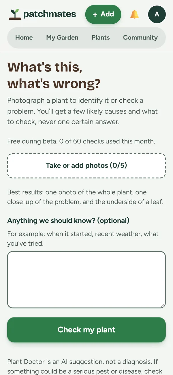 The Plant Doctor screen asking for photos of a plant