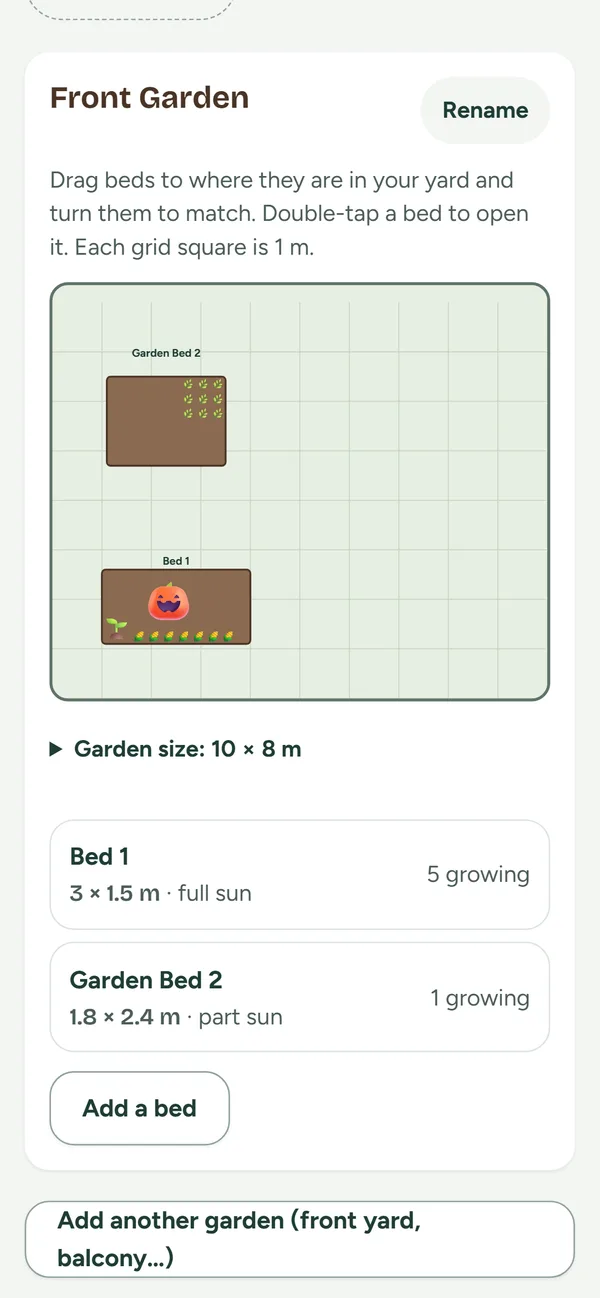 A map of a front garden with two raised beds drawn to scale